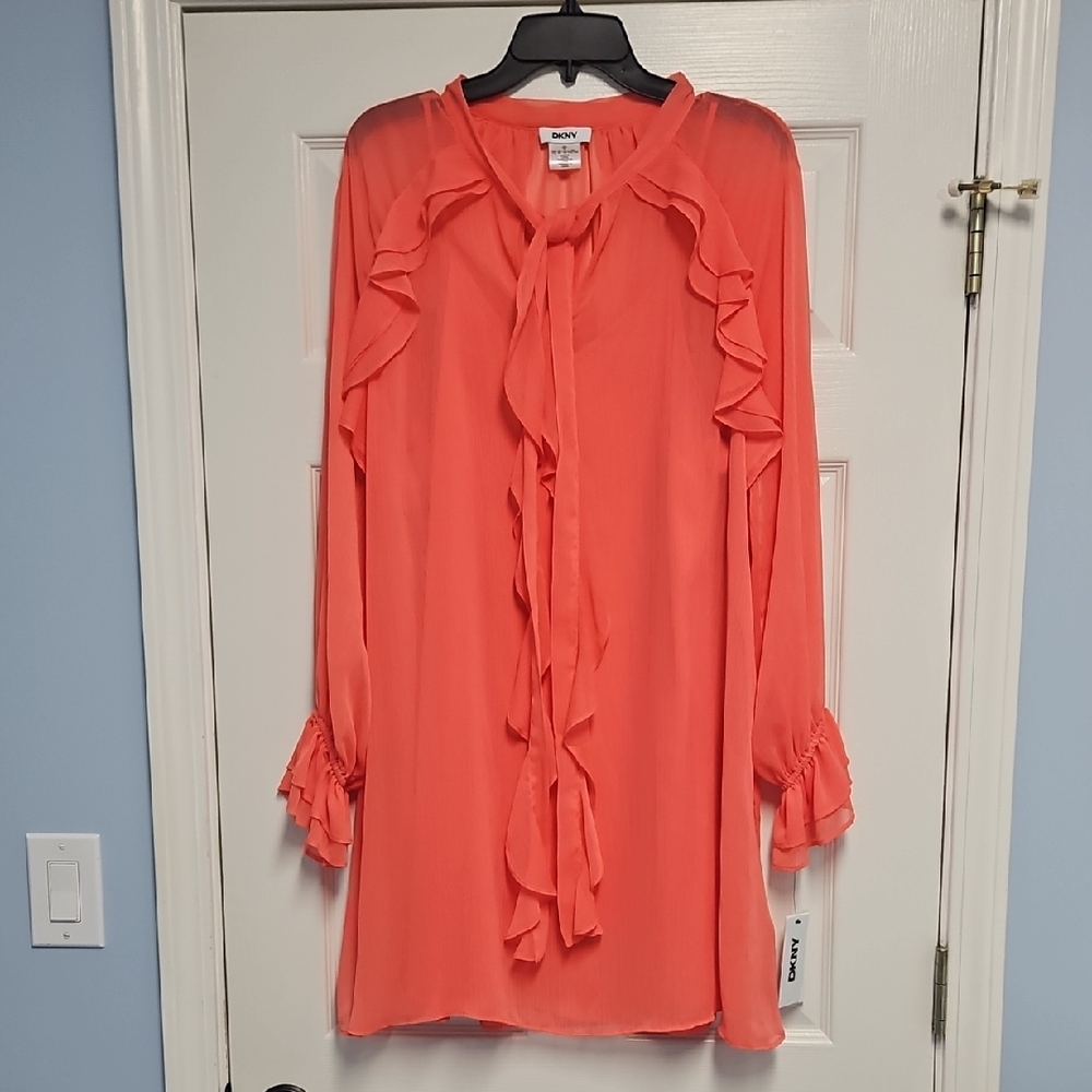 DKNY Sheer Long Sleeve Tie Neck Ruffle A-line Dress: Coral Crush: Size- 14